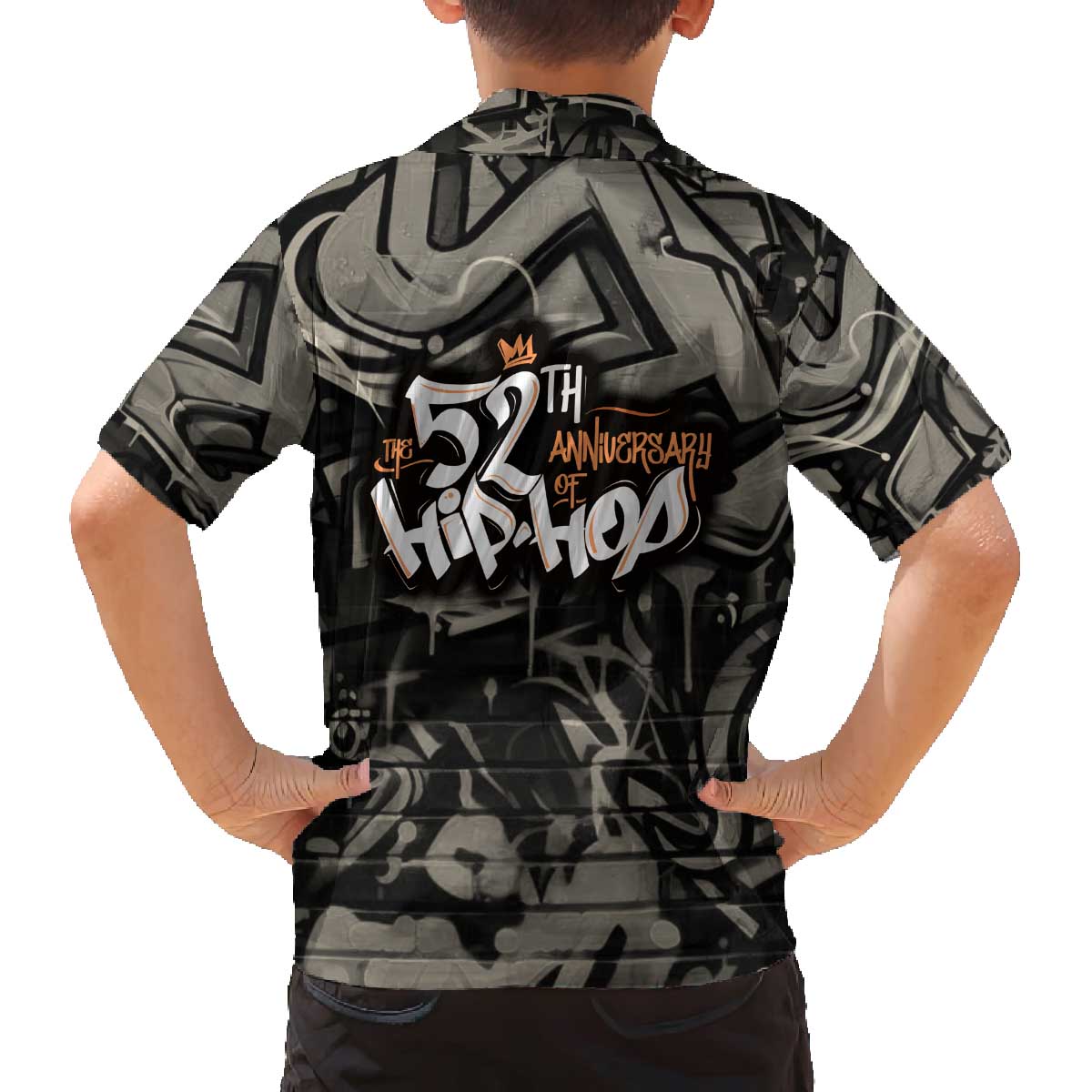 52th Anniversary Of Hiphop Celebration Family Matching Off The Shoulder Long Sleeve Dress and Hawaiian Shirt with Praying Angel Graphic and Urban Graffiti Background - Wonder Print Shop