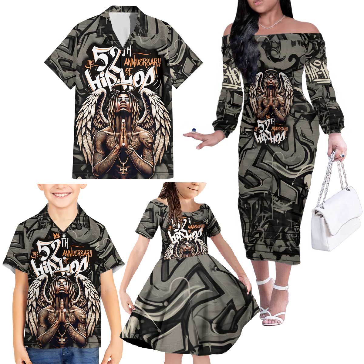52th Anniversary Of Hiphop Celebration Family Matching Off The Shoulder Long Sleeve Dress and Hawaiian Shirt with Praying Angel Graphic and Urban Graffiti Background - Wonder Print Shop