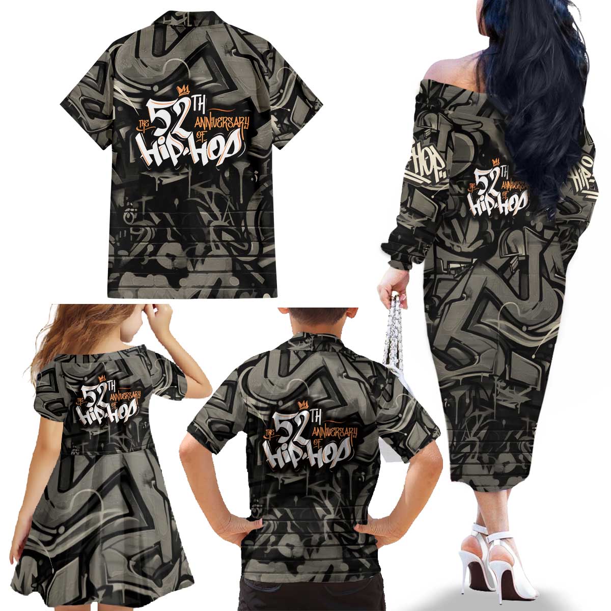 52th Anniversary Of Hiphop Celebration Family Matching Off The Shoulder Long Sleeve Dress and Hawaiian Shirt with Praying Angel Graphic and Urban Graffiti Background - Wonder Print Shop