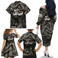 52th Anniversary Of Hiphop Celebration Family Matching Off The Shoulder Long Sleeve Dress and Hawaiian Shirt with Praying Angel Graphic and Urban Graffiti Background - Wonder Print Shop