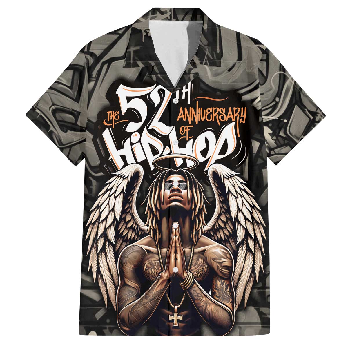 52th Anniversary Of Hiphop Celebration Family Matching Off The Shoulder Long Sleeve Dress and Hawaiian Shirt with Praying Angel Graphic and Urban Graffiti Background - Wonder Print Shop