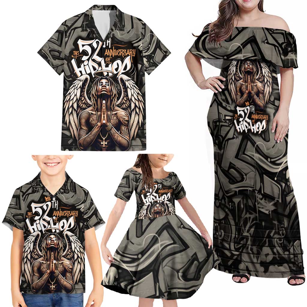 52th Anniversary Of Hiphop Celebration Family Matching Off Shoulder Maxi Dress and Hawaiian Shirt with Praying Angel Graphic and Urban Graffiti Background - Wonder Print Shop