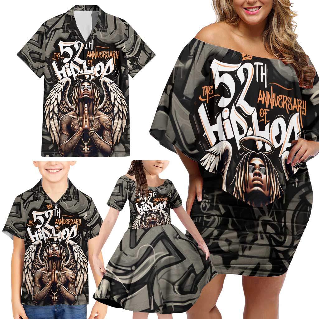 52th Anniversary Of Hiphop Celebration Family Matching Off Shoulder Short Dress and Hawaiian Shirt with Praying Angel Graphic and Urban Graffiti Background - Wonder Print Shop