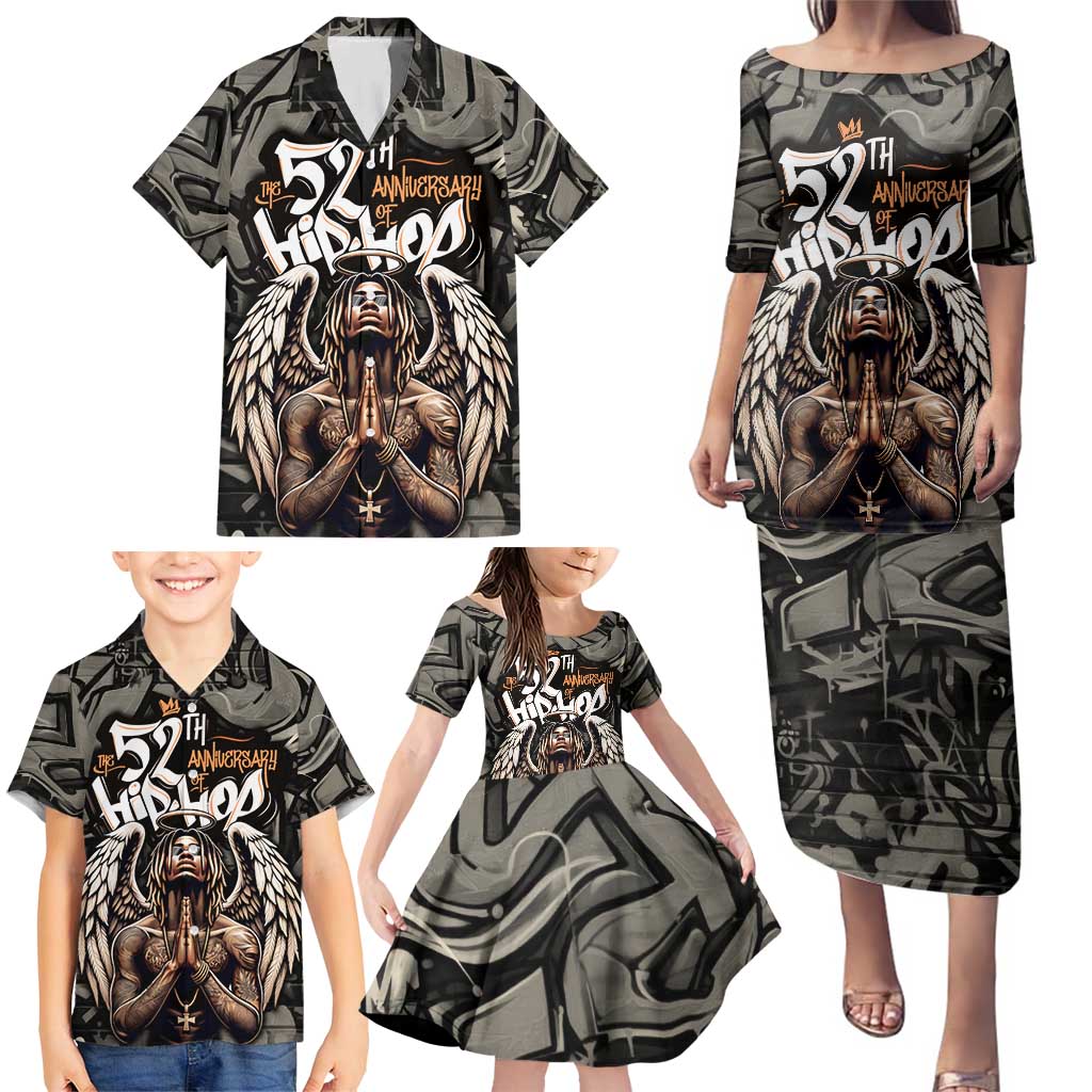 52th Anniversary Of Hiphop Celebration Family Matching Puletasi and Hawaiian Shirt with Praying Angel Graphic and Urban Graffiti Background - Wonder Print Shop