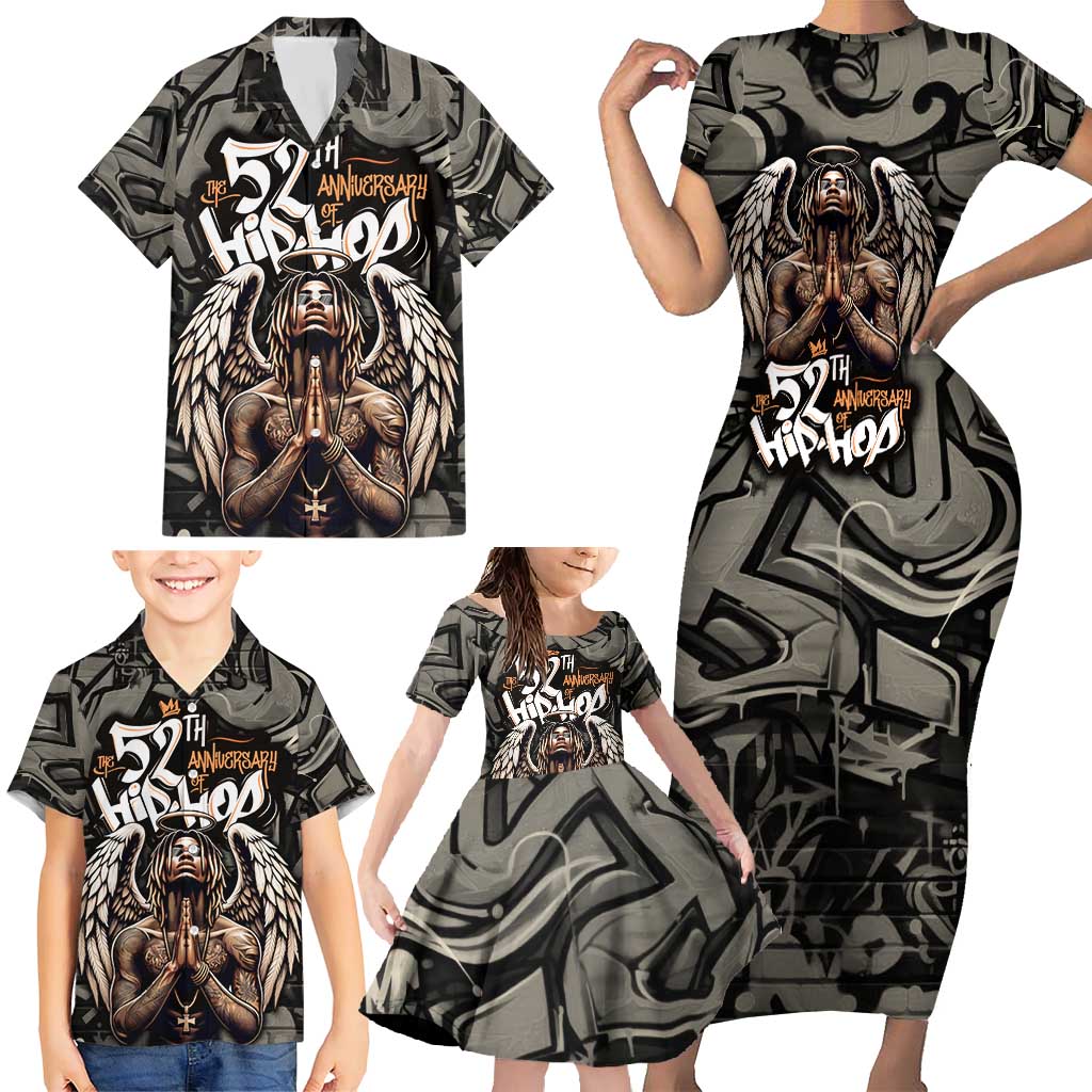 52th Anniversary Of Hiphop Celebration Family Matching Short Sleeve Bodycon Dress and Hawaiian Shirt with Praying Angel Graphic and Urban Graffiti Background - Wonder Print Shop