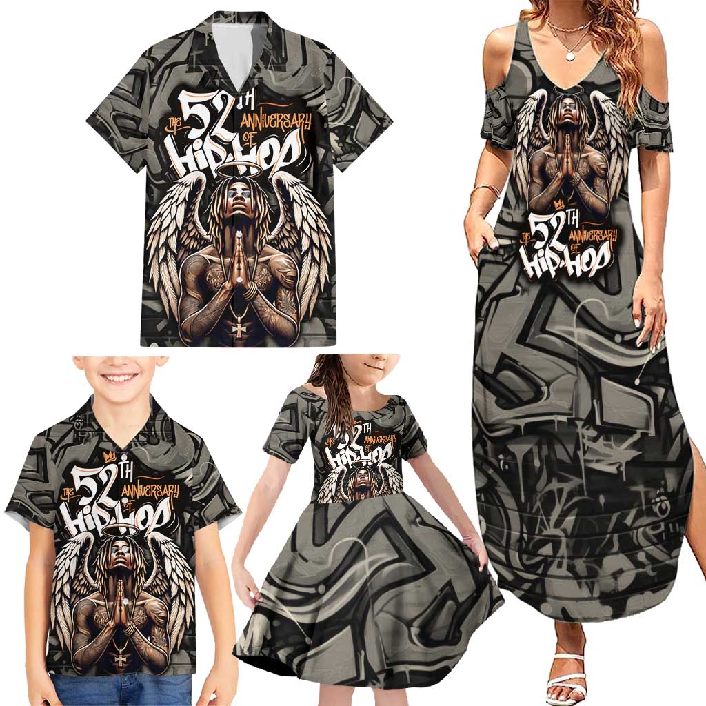 52th Anniversary Of Hiphop Celebration Family Matching Summer Maxi Dress and Hawaiian Shirt with Praying Angel Graphic and Urban Graffiti Background - Wonder Print Shop