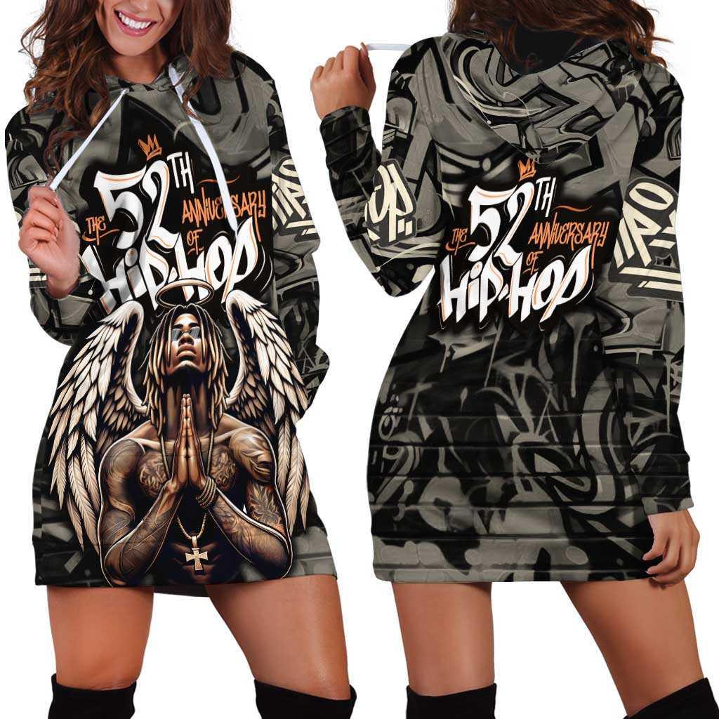52th Anniversary Of Hiphop Celebration Hoodie Dress with Praying Angel Graphic and Urban Graffiti Background - Wonder Print Shop