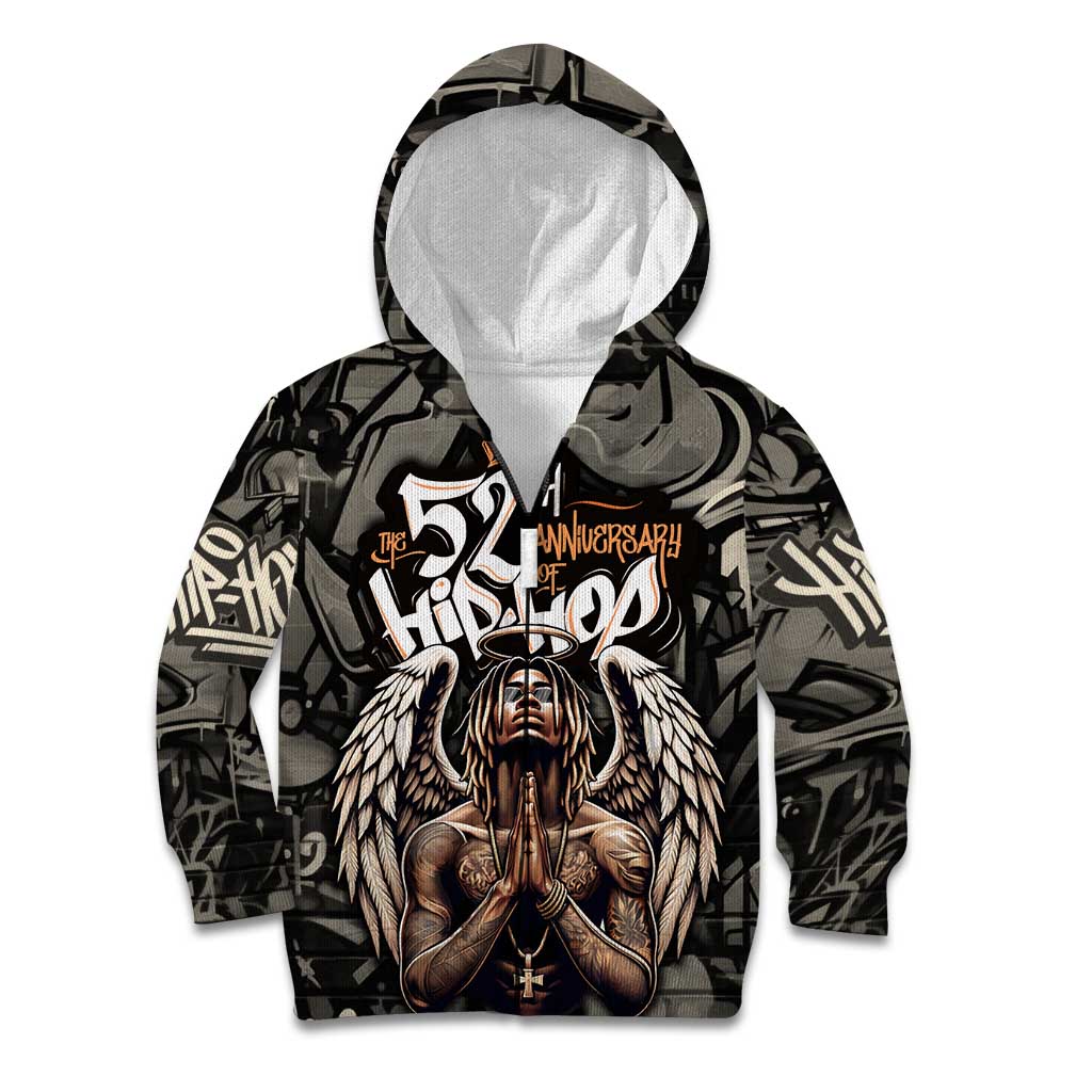 52th Anniversary Of Hiphop Celebration Kid Hoodie with Praying Angel Graphic and Urban Graffiti Background - Wonder Print Shop