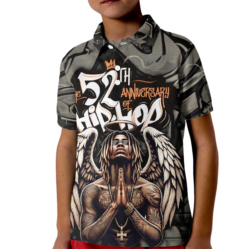 52th Anniversary Of Hiphop Celebration Kid Polo Shirt with Praying Angel Graphic and Urban Graffiti Background - Wonder Print Shop
