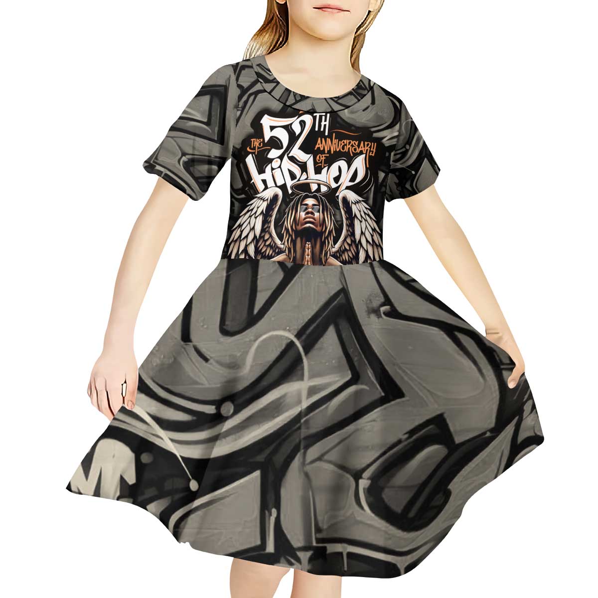 52th Anniversary Of Hiphop Celebration Kid Short Sleeve Dress with Praying Angel Graphic and Urban Graffiti Background - Wonder Print Shop
