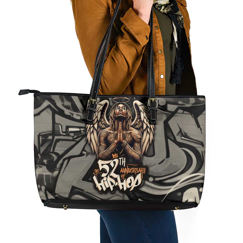 52th Anniversary Of Hiphop Celebration Leather Tote Bag with Praying Angel Graphic and Urban Graffiti Background - Wonder Print Shop