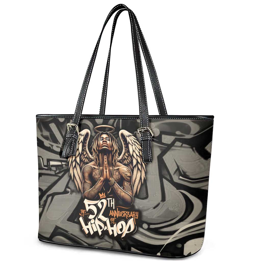52th Anniversary Of Hiphop Celebration Leather Tote Bag with Praying Angel Graphic and Urban Graffiti Background - Wonder Print Shop