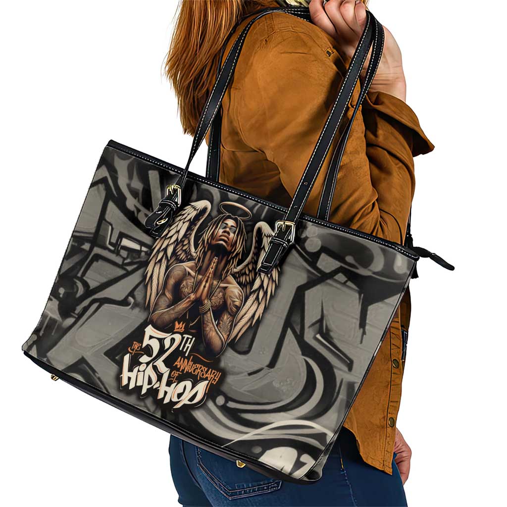 52th Anniversary Of Hiphop Celebration Leather Tote Bag with Praying Angel Graphic and Urban Graffiti Background - Wonder Print Shop