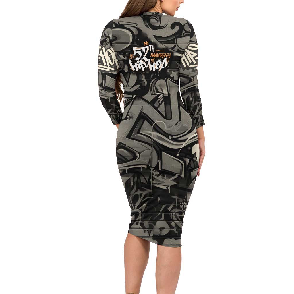 52th Anniversary Of Hiphop Celebration Long Sleeve Bodycon Dress with Praying Angel Graphic and Urban Graffiti Background - Wonder Print Shop