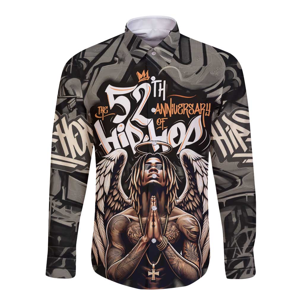 52th Anniversary Of Hiphop Celebration Long Sleeve Button Shirt with Praying Angel Graphic and Urban Graffiti Background - Wonder Print Shop