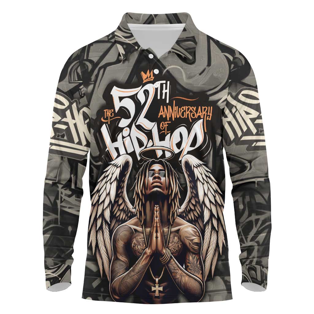 52th Anniversary Of Hiphop Celebration Long Sleeve Polo Shirt with Praying Angel Graphic and Urban Graffiti Background - Wonder Print Shop