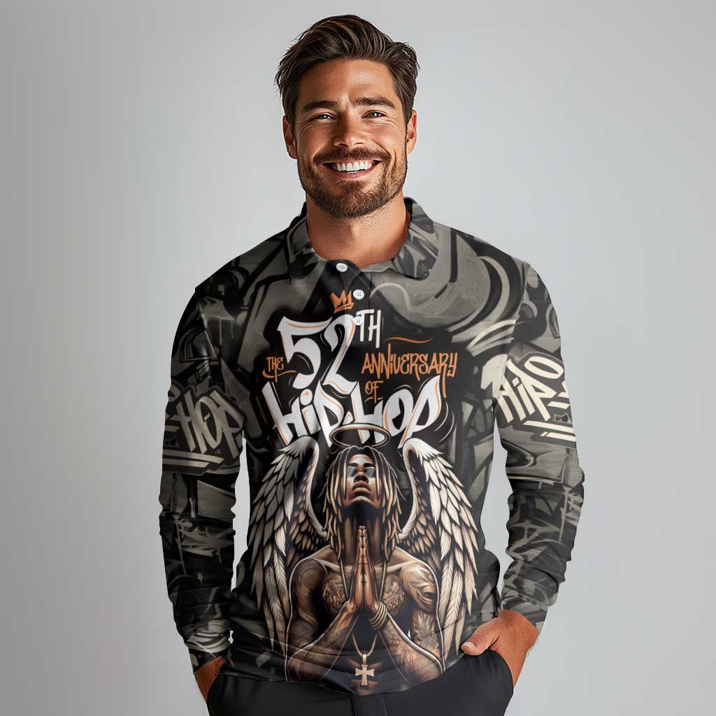 52th Anniversary Of Hiphop Celebration Long Sleeve Polo Shirt with Praying Angel Graphic and Urban Graffiti Background - Wonder Print Shop