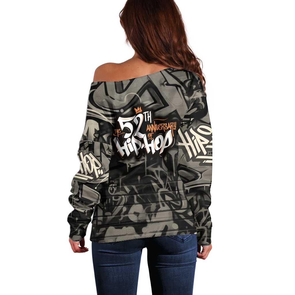 52th Anniversary Of Hiphop Celebration Off Shoulder Sweater with Praying Angel Graphic and Urban Graffiti Background - Wonder Print Shop