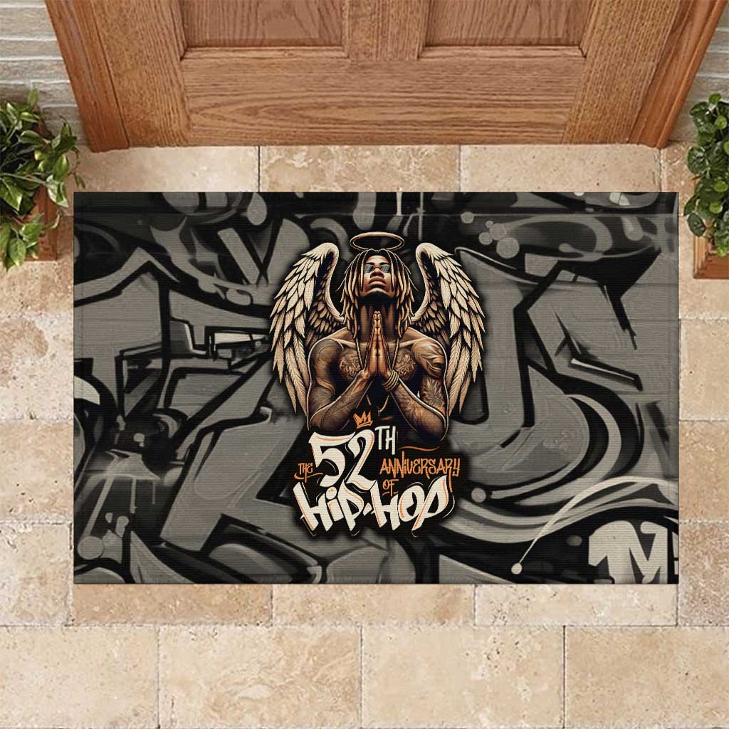 52th Anniversary Of Hiphop Celebration Rubber Doormat with Praying Angel Graphic and Urban Graffiti Background - Wonder Print Shop