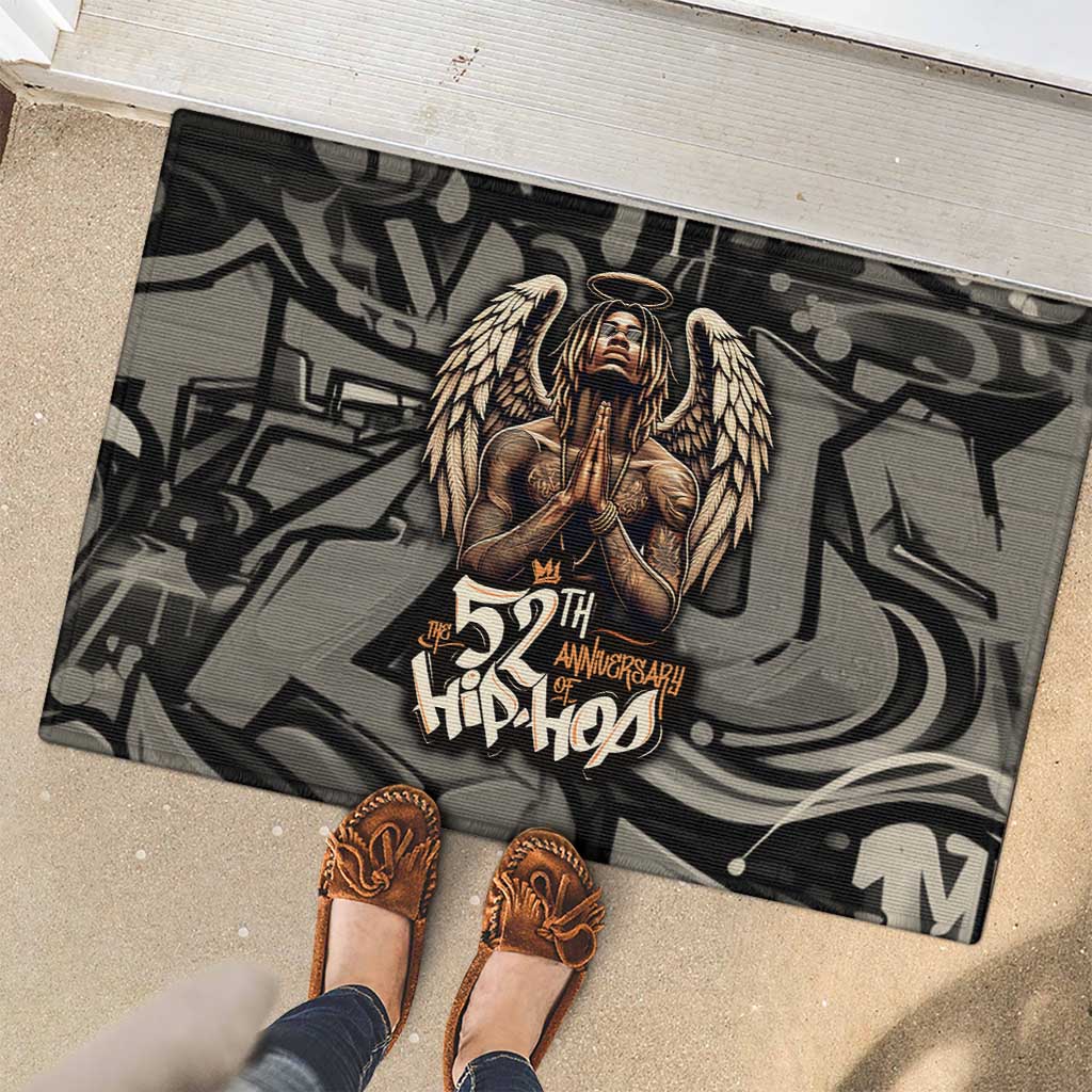 52th Anniversary Of Hiphop Celebration Rubber Doormat with Praying Angel Graphic and Urban Graffiti Background - Wonder Print Shop