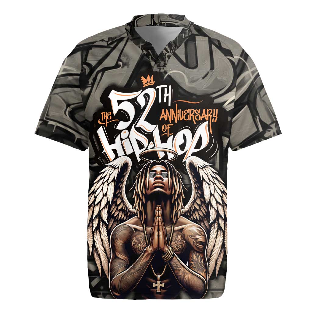 52th Anniversary Of Hiphop Celebration Rugby Jersey with Praying Angel Graphic and Urban Graffiti Background - Wonder Print Shop
