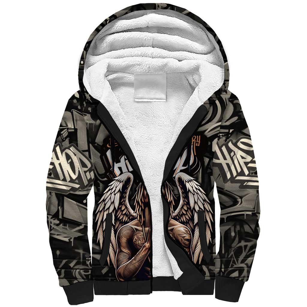 52th Anniversary Of Hiphop Celebration Sherpa Hoodie with Praying Angel Graphic and Urban Graffiti Background - Wonder Print Shop