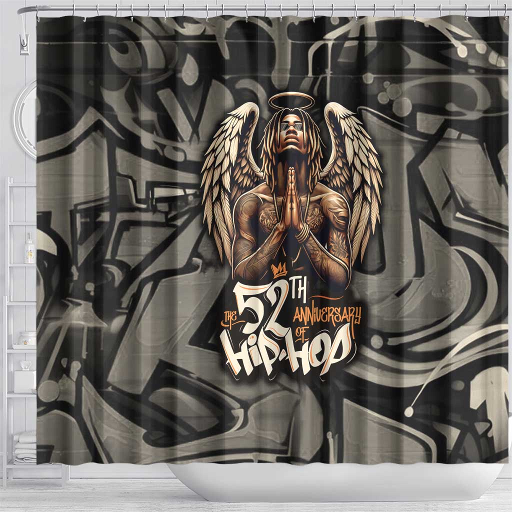 52th Anniversary Of Hiphop Celebration Shower Curtain with Praying Angel Graphic and Urban Graffiti Background - Wonder Print Shop