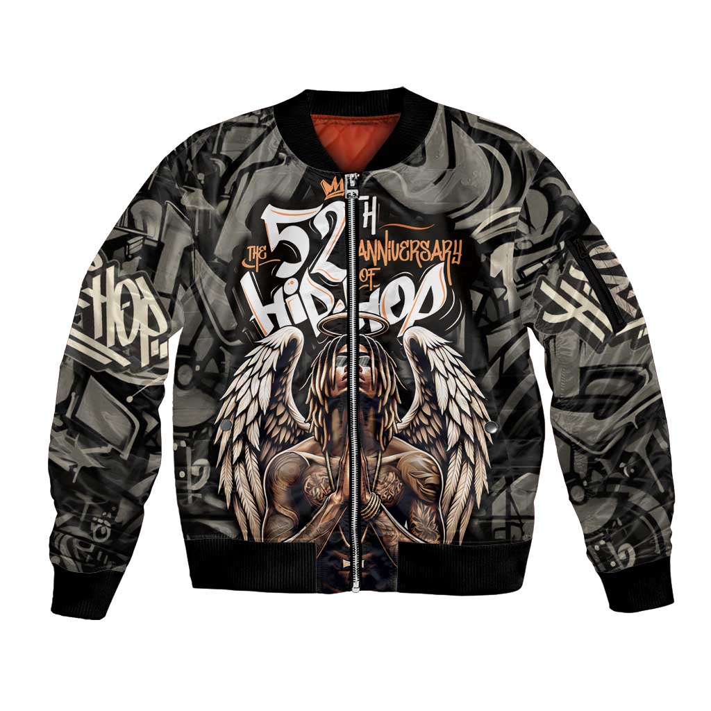 52th Anniversary Of Hiphop Celebration Sleeve Zip Bomber Jacket with Praying Angel Graphic and Urban Graffiti Background - Wonder Print Shop