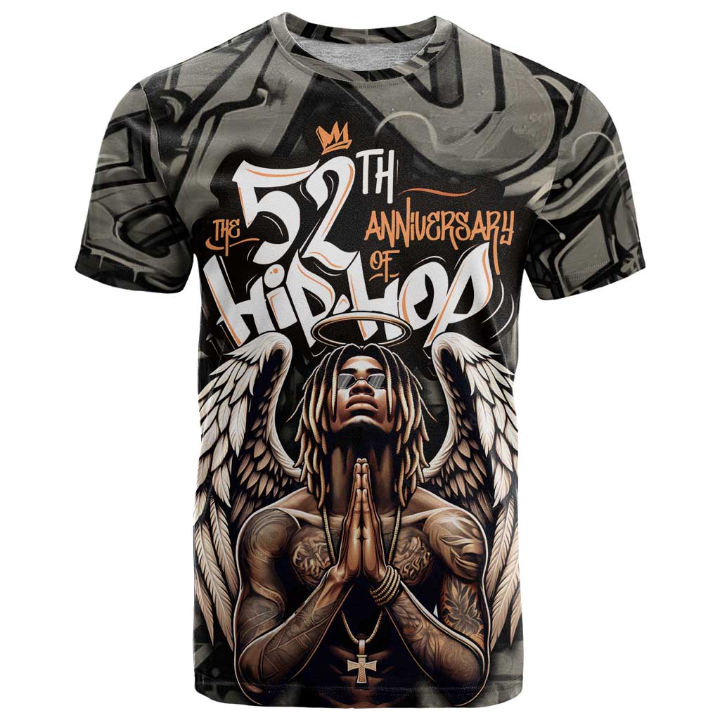 52th Anniversary Of Hiphop Celebration T Shirt with Praying Angel Graphic and Urban Graffiti Background - Wonder Print Shop