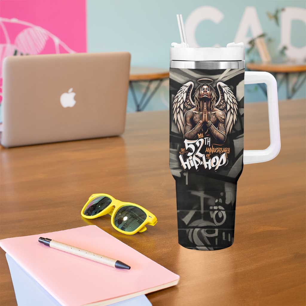 52th Anniversary Of Hiphop Celebration Tumbler With Handle with Praying Angel Graphic and Urban Graffiti Background - Wonder Print Shop