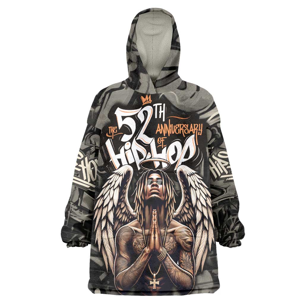52th Anniversary Of Hiphop Celebration Wearable Blanket Hoodie with Praying Angel Graphic and Urban Graffiti Background - Wonder Print Shop