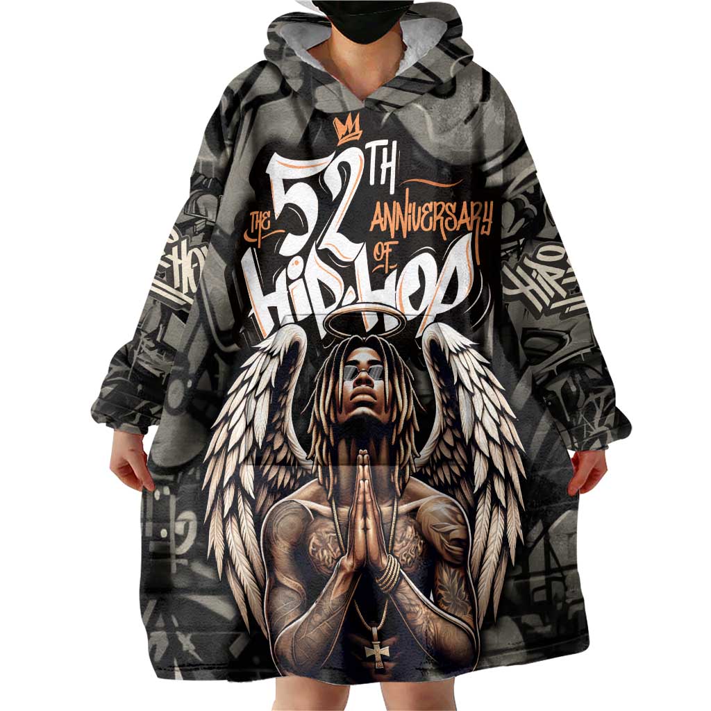 52th Anniversary Of Hiphop Celebration Wearable Blanket Hoodie with Praying Angel Graphic and Urban Graffiti Background - Wonder Print Shop