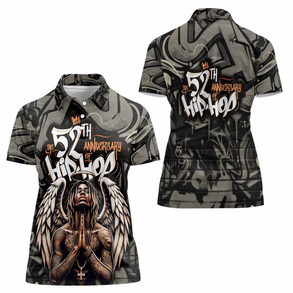 52th Anniversary Of Hiphop Celebration Women Polo Shirt with Praying Angel Graphic and Urban Graffiti Background - Wonder Print Shop