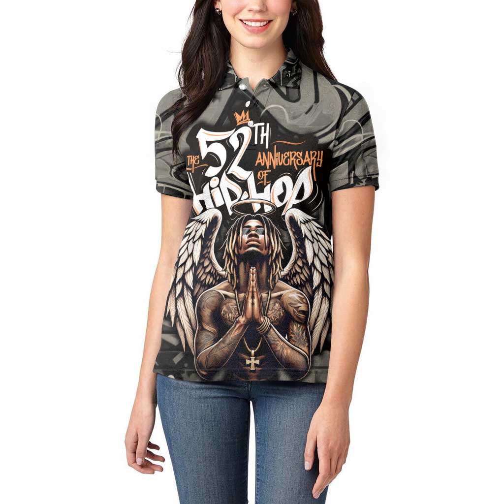 52th Anniversary Of Hiphop Celebration Women Polo Shirt with Praying Angel Graphic and Urban Graffiti Background - Wonder Print Shop