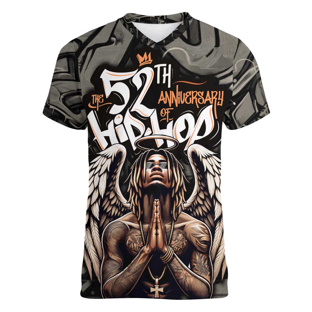 52th Anniversary Of Hiphop Celebration Women V-Neck T-Shirt with Praying Angel Graphic and Urban Graffiti Background - Wonder Print Shop