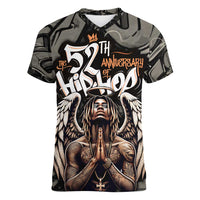 52th Anniversary Of Hiphop Celebration Women V-Neck T-Shirt with Praying Angel Graphic and Urban Graffiti Background - Wonder Print Shop