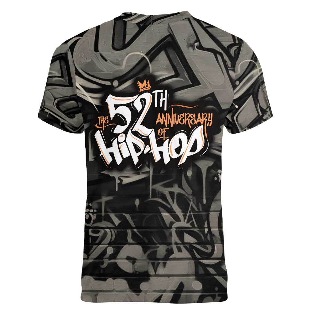 52th Anniversary Of Hiphop Celebration Women V-Neck T-Shirt with Praying Angel Graphic and Urban Graffiti Background - Wonder Print Shop