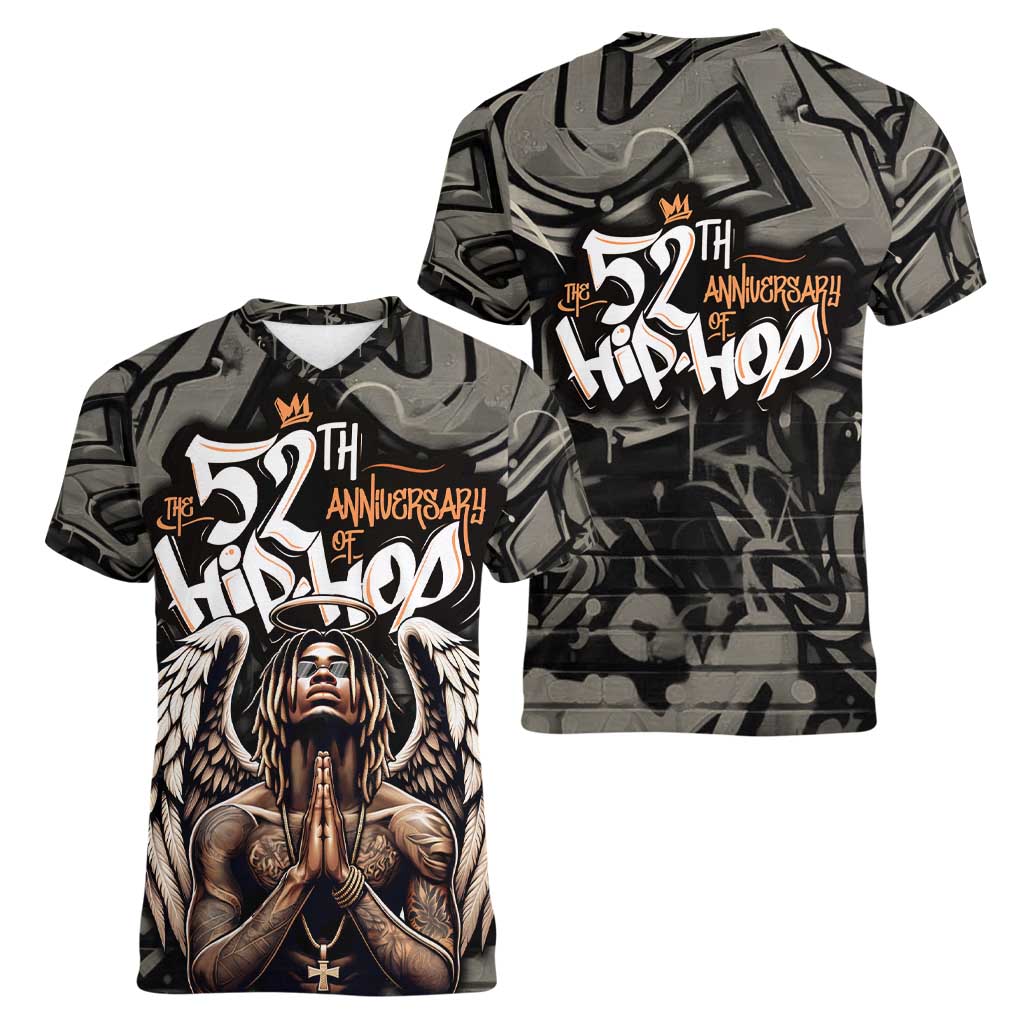 52th Anniversary Of Hiphop Celebration Women V-Neck T-Shirt with Praying Angel Graphic and Urban Graffiti Background - Wonder Print Shop