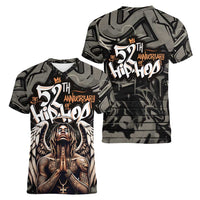52th Anniversary Of Hiphop Celebration Women V-Neck T-Shirt with Praying Angel Graphic and Urban Graffiti Background - Wonder Print Shop