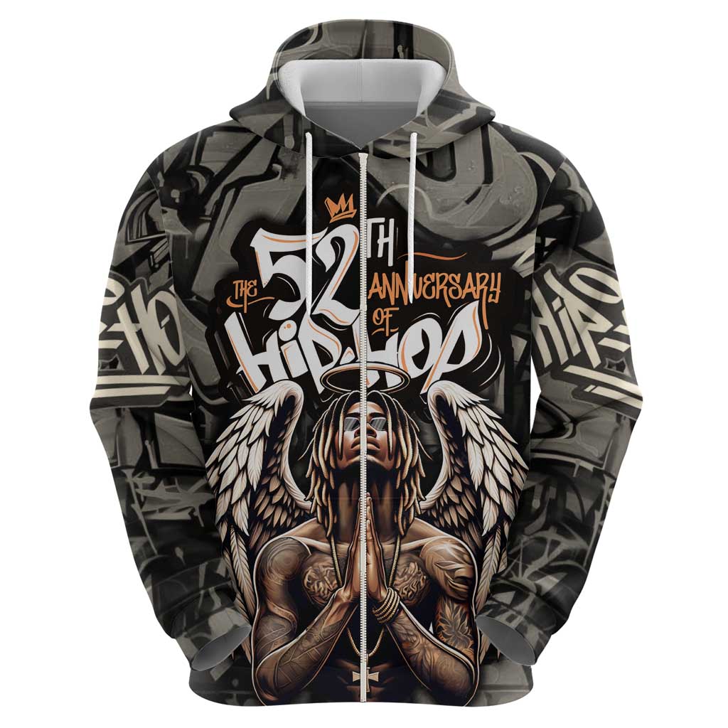 52th Anniversary Of Hiphop Celebration Zip Hoodie with Praying Angel Graphic and Urban Graffiti Background - Wonder Print Shop
