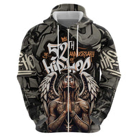 52th Anniversary Of Hiphop Celebration Zip Hoodie with Praying Angel Graphic and Urban Graffiti Background - Wonder Print Shop
