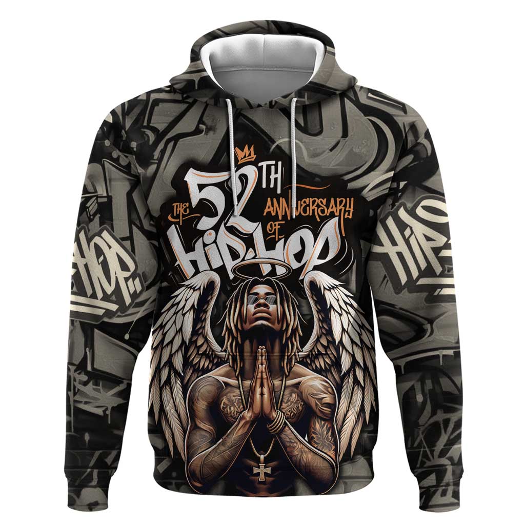 52th Anniversary Of Hiphop Celebration Zip Hoodie with Praying Angel Graphic and Urban Graffiti Background - Wonder Print Shop