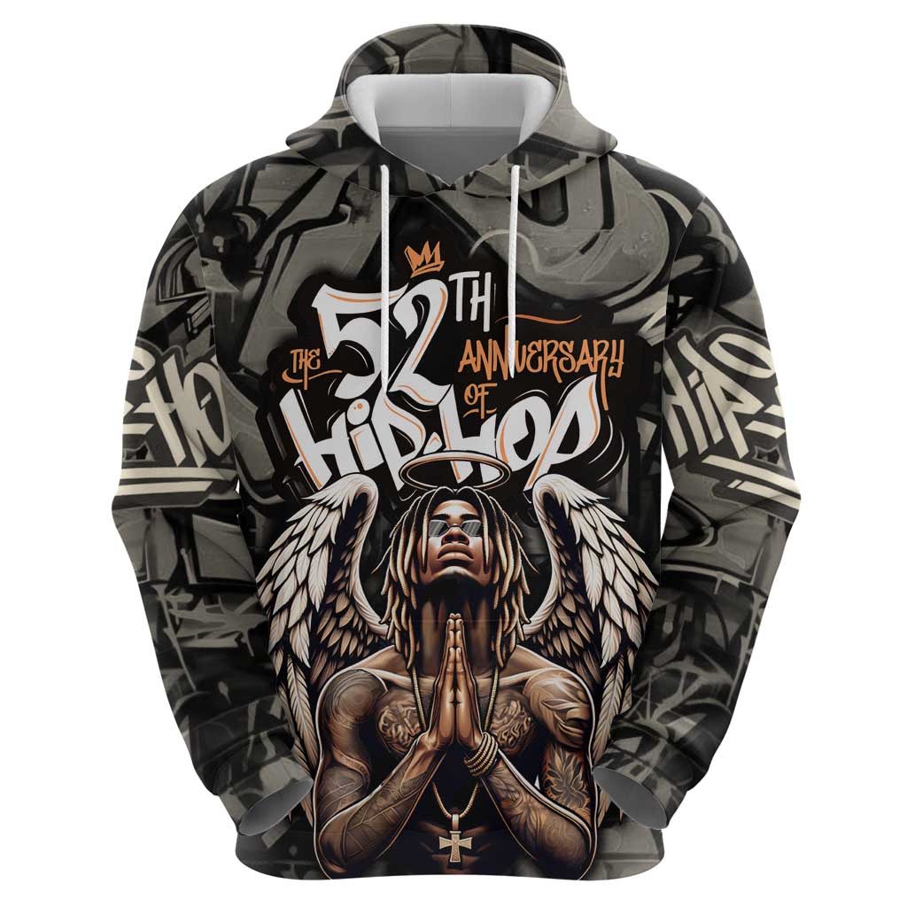 52th Anniversary Of Hiphop Celebration Zip Hoodie with Praying Angel Graphic and Urban Graffiti Background - Wonder Print Shop
