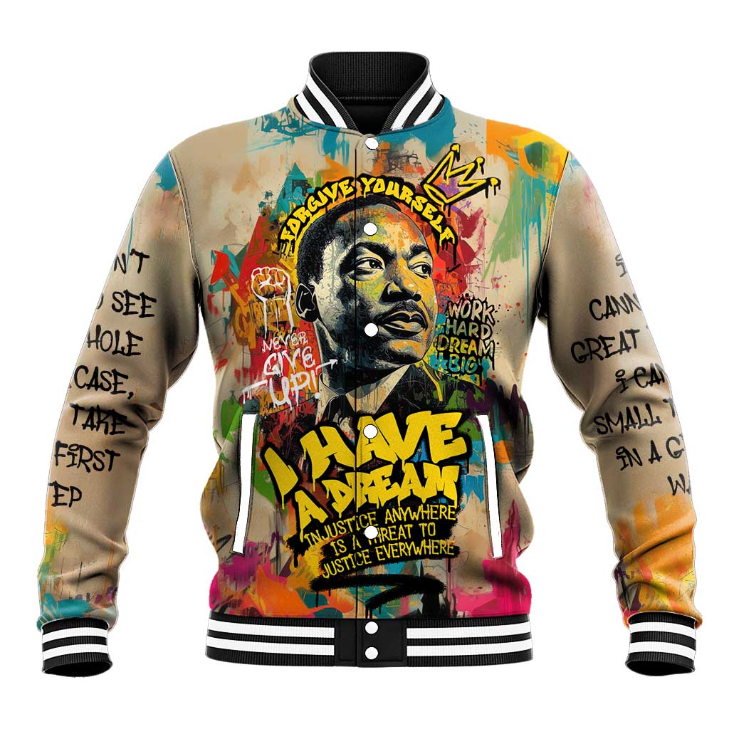 Martin Luther King Graffiti Style Graphic Baseball Jacket with Colorful Spray Paint Quotes and Crown Detail - Wonder Print Shop
