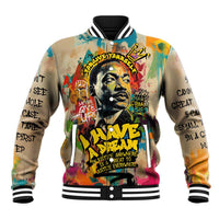 Martin Luther King Graffiti Style Graphic Baseball Jacket with Colorful Spray Paint Quotes and Crown Detail - Wonder Print Shop