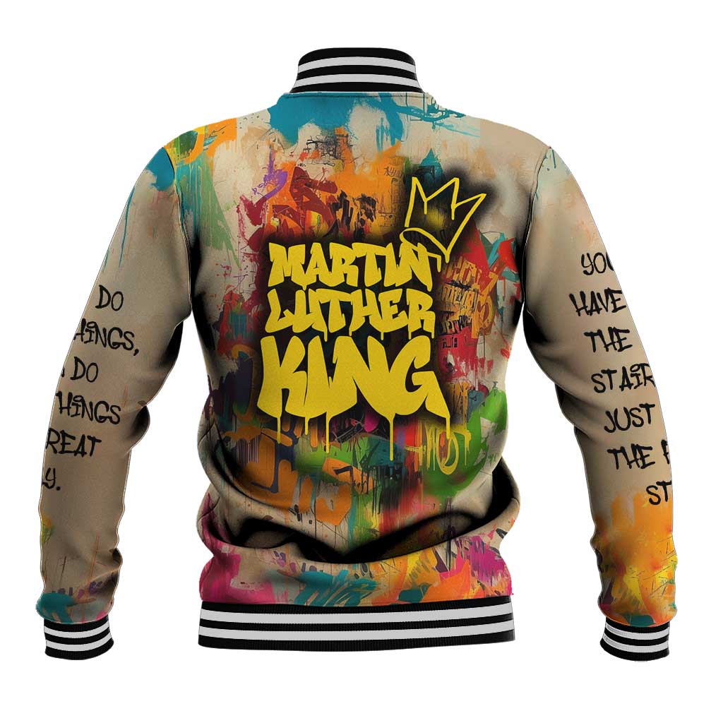 Martin Luther King Graffiti Style Graphic Baseball Jacket with Colorful Spray Paint Quotes and Crown Detail - Wonder Print Shop