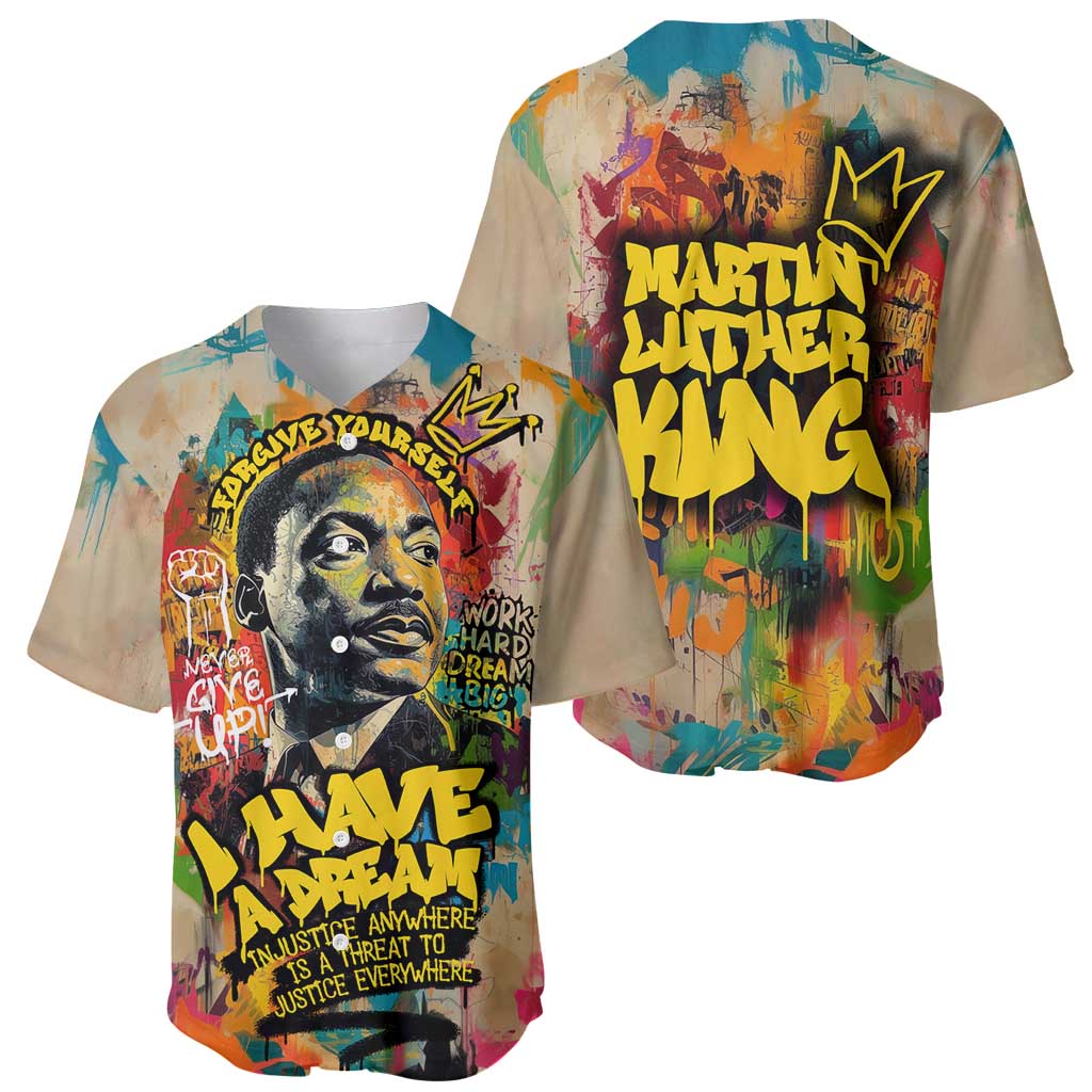 Martin Luther King Graffiti Style Graphic Baseball Jersey with Colorful Spray Paint Quotes and Crown Detail - Wonder Print Shop