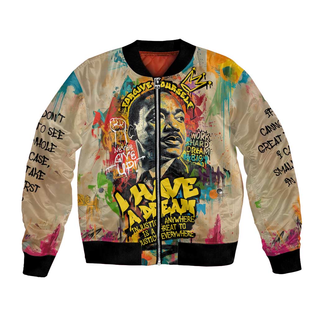 Martin Luther King Graffiti Style Graphic Bomber Jacket with Colorful Spray Paint Quotes and Crown Detail - Wonder Print Shop