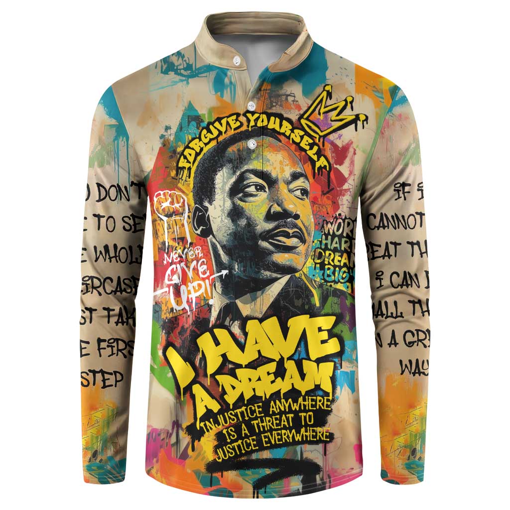 Martin Luther King Graffiti Style Graphic Button Sweatshirt with Colorful Spray Paint Quotes and Crown Detail - Wonder Print Shop