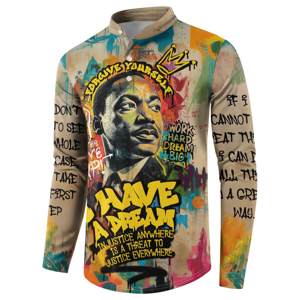 Martin Luther King Graffiti Style Graphic Button Sweatshirt with Colorful Spray Paint Quotes and Crown Detail - Wonder Print Shop